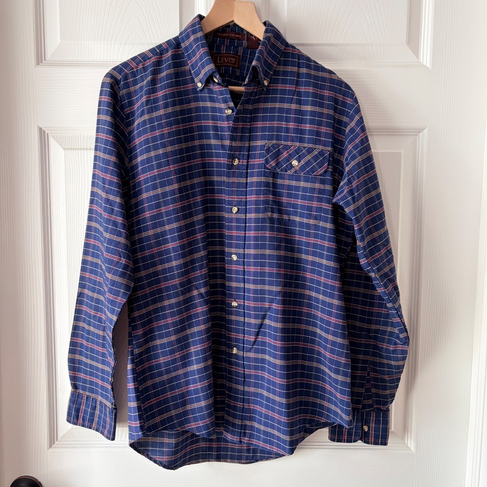 Vintage Levis Mens Plaid Button Down Shirt Blue Red Tailored Fit Size Medium